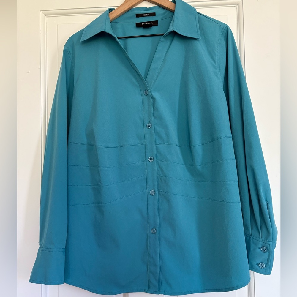 Style & Co Women's Blue Button Up Blouse Long Sleeve Stretch Turquoise 16W